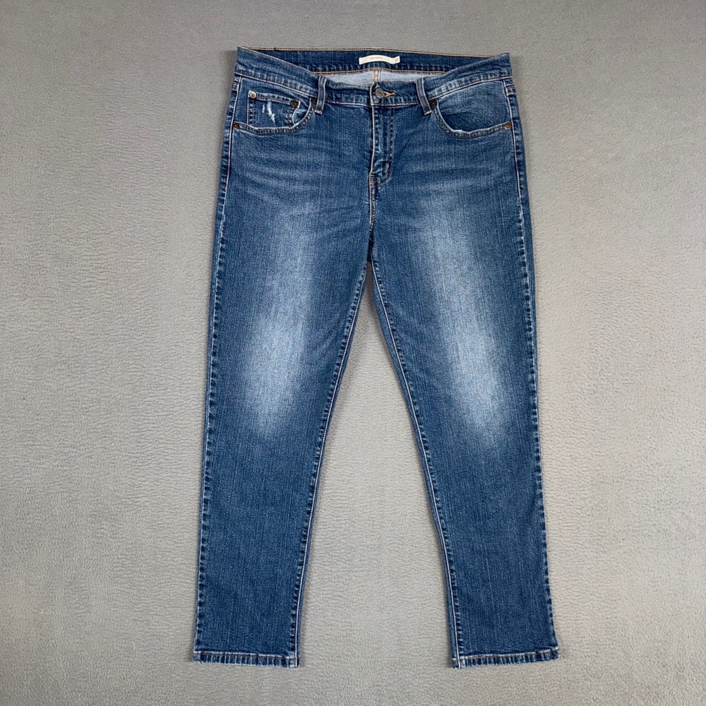 Levis Jeans Womens 31 (Fits 33) Blue Boyfriend Mid Rise Stretch Distressed Denim